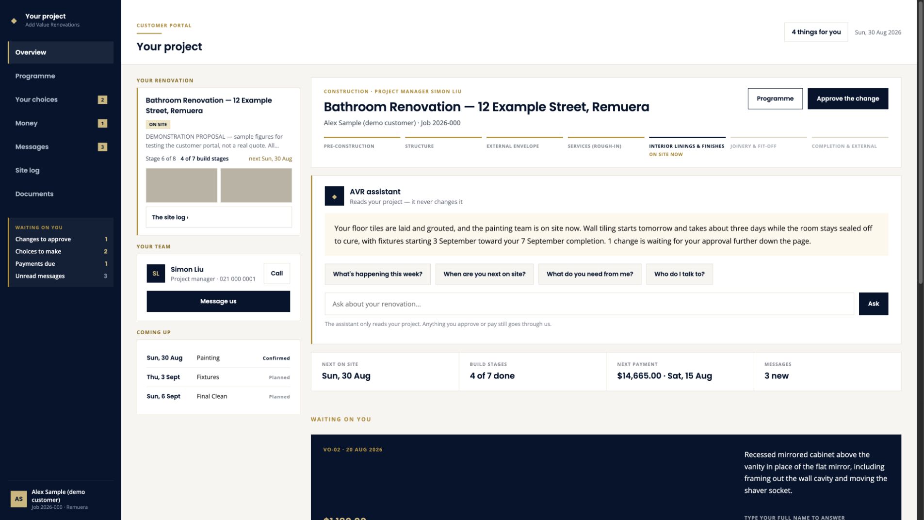 AVR customer portal overview showing renovation status, programme, upcoming work and client decisions