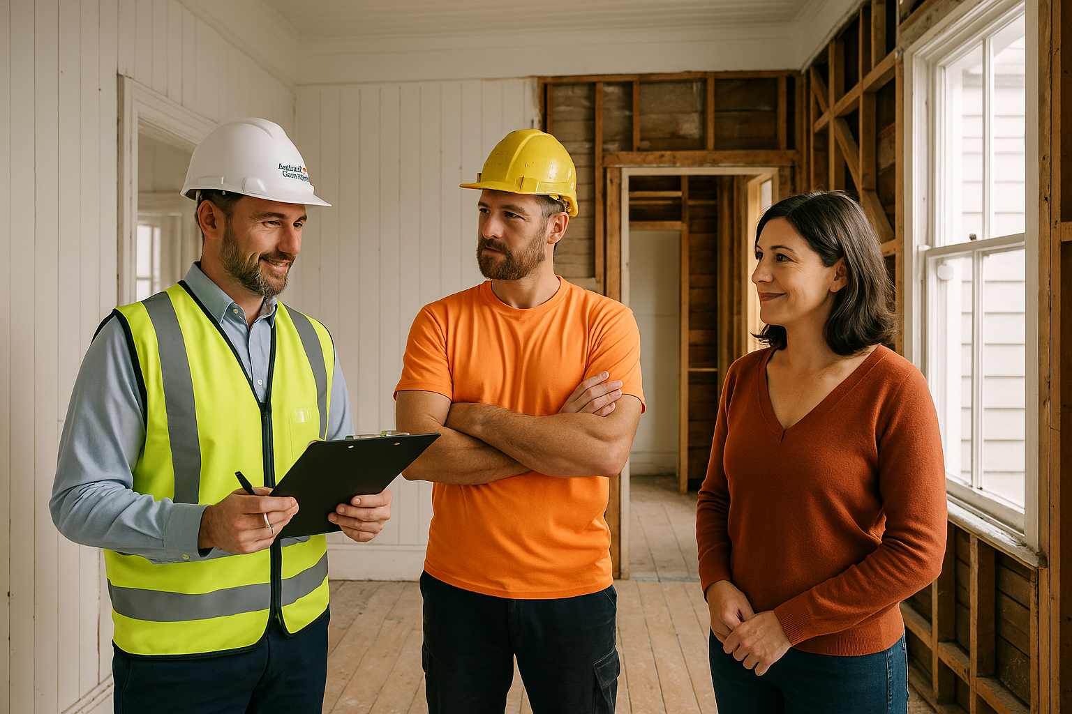 Renovation review meeting with builder and Auckland family