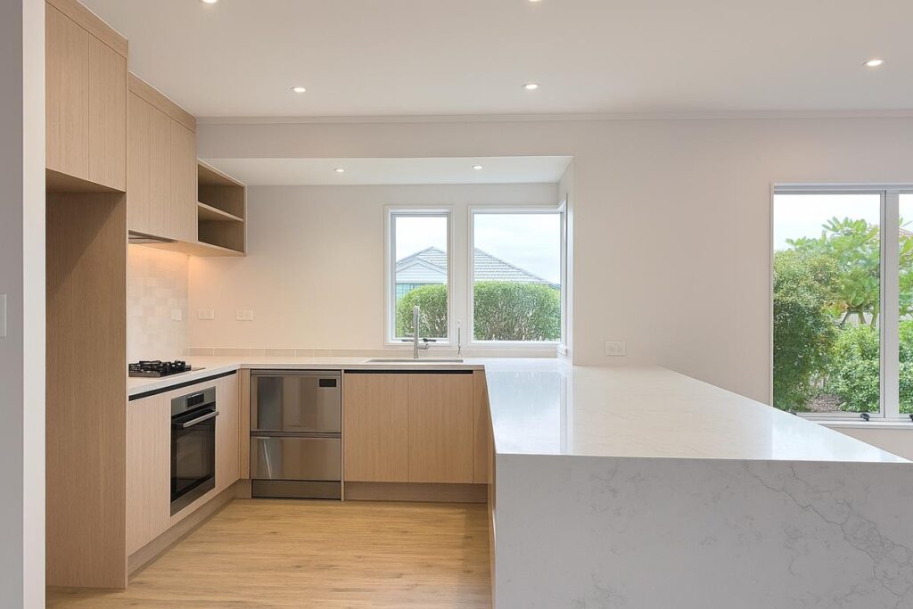 Modern open-plan kitchen in West Auckland with stone waterfall island and oak cabinetry.