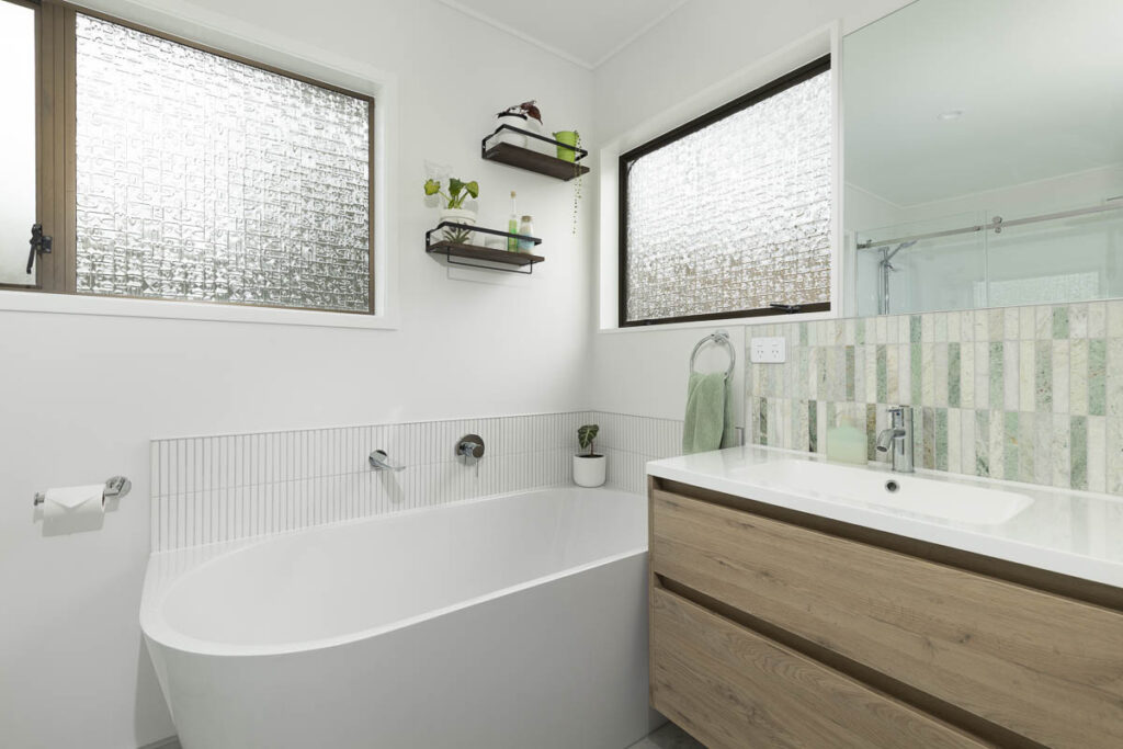 Photo of the bathroom featuring timber oak accents, combining natural materials with modern design.