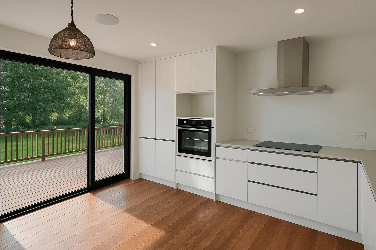 Bright, open-plan kitchen with white cabinetry and sliding glass doors opening to deck with scenic bush views