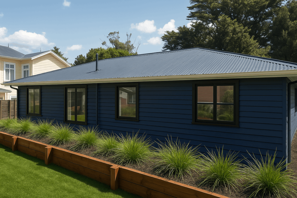 Freshly painted blue exterior of extended West Auckland home with new black-framed windows and landscaped garden