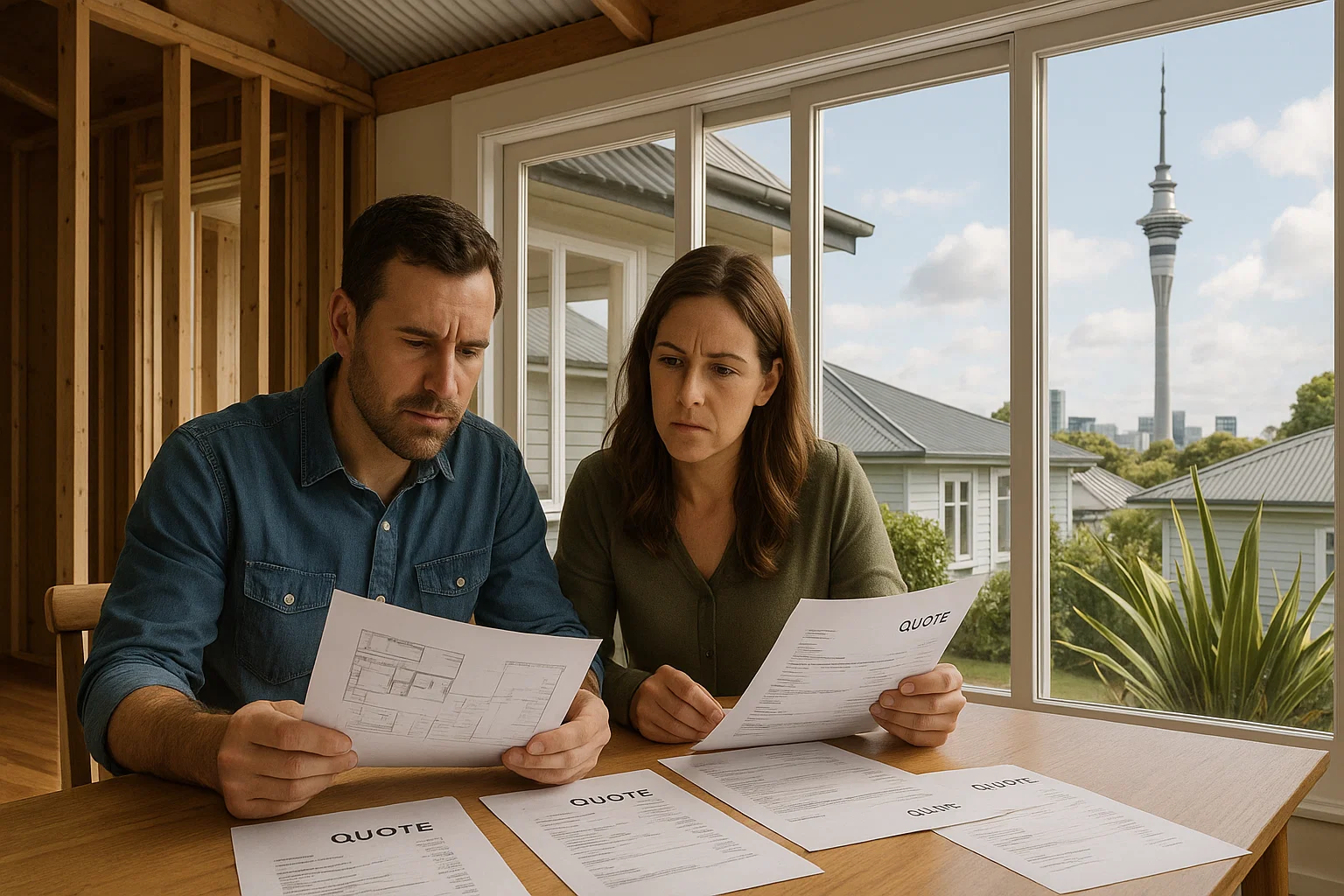 A professional, photorealistic image of a New Zealand couple reviewing renovation plans and multiple quote documents at their dining table. The setting is a partially renovated modern Auckland home with large windows showing the iconic Sky Tower in the distance. Natural light streams in, highlighting the couple's thoughtful expressions as they compare the different quotes. The scene includes distinctive New Zealand architectural elements like wooden floors and a corrugated iron roof, with native flax plants visible through the window.
