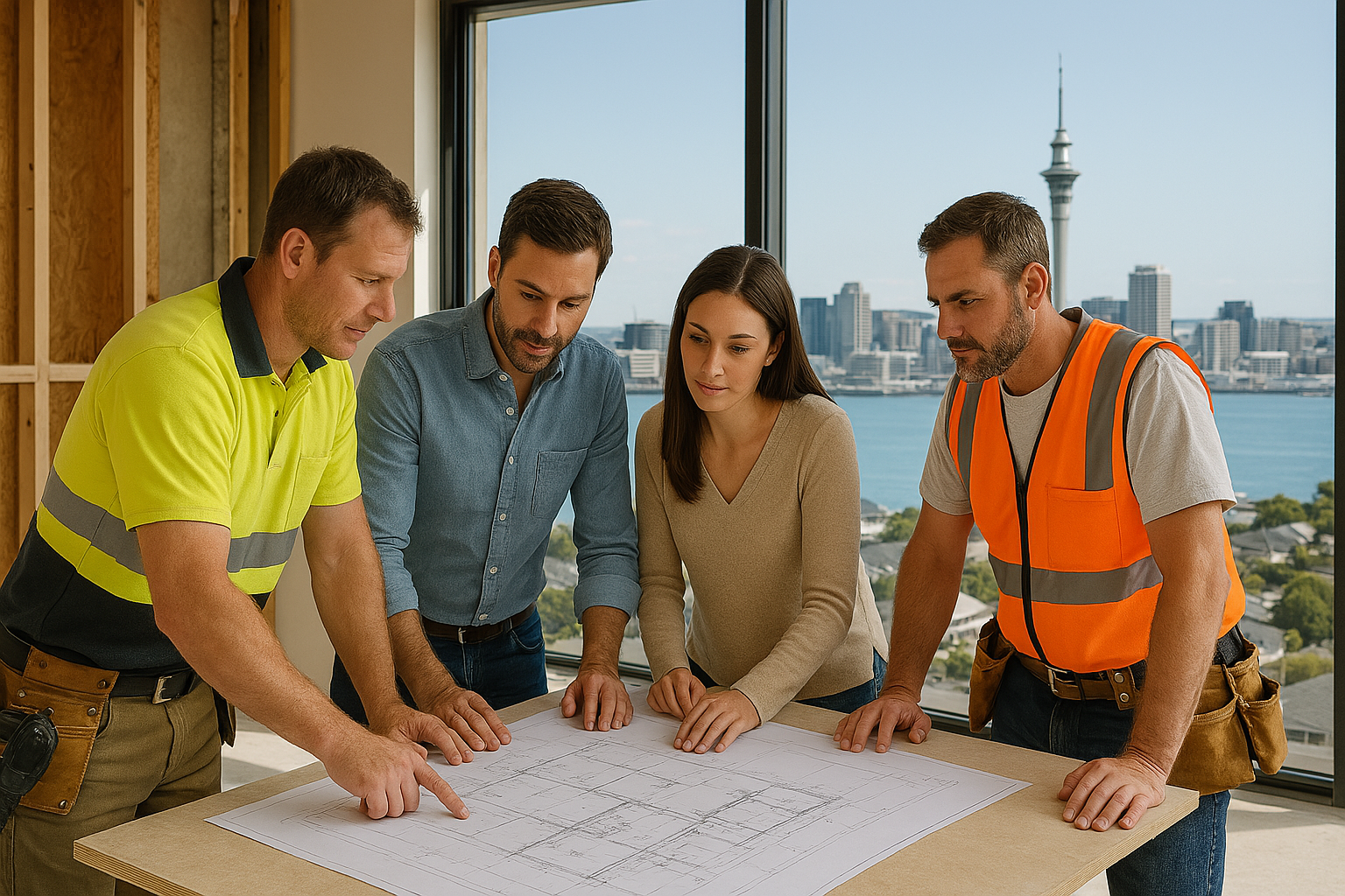 A modern Auckland home mid-renovation with builders reviewing plans with homeowners, showing Auckland skyline or harbor view in background, bright natural lighting, professional atmosphere, 2025 style