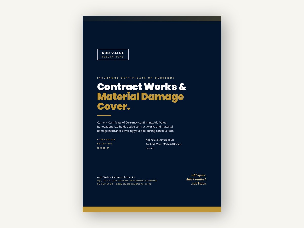 Material Damage and Contract Works Insurance Certificate cover