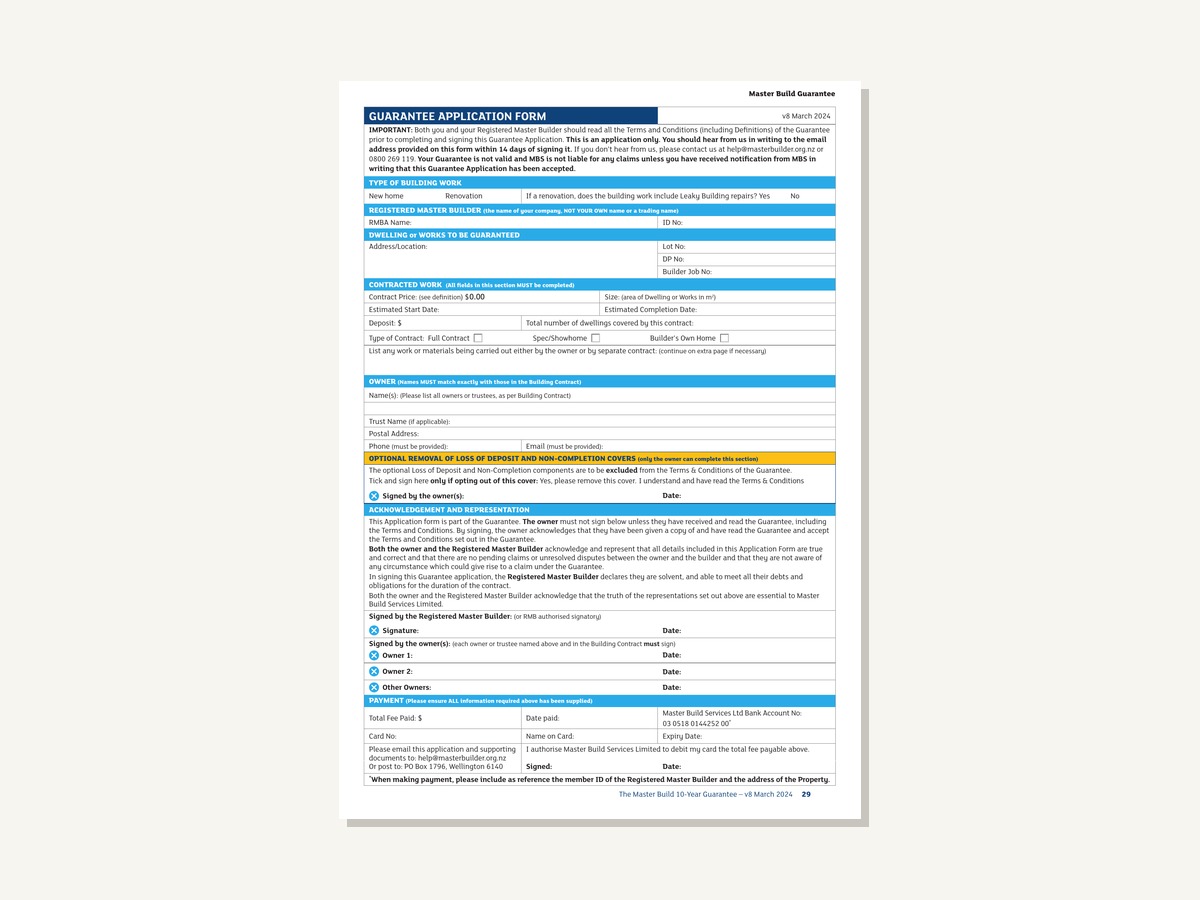 Master Build 10-Year Guarantee Application Form cover