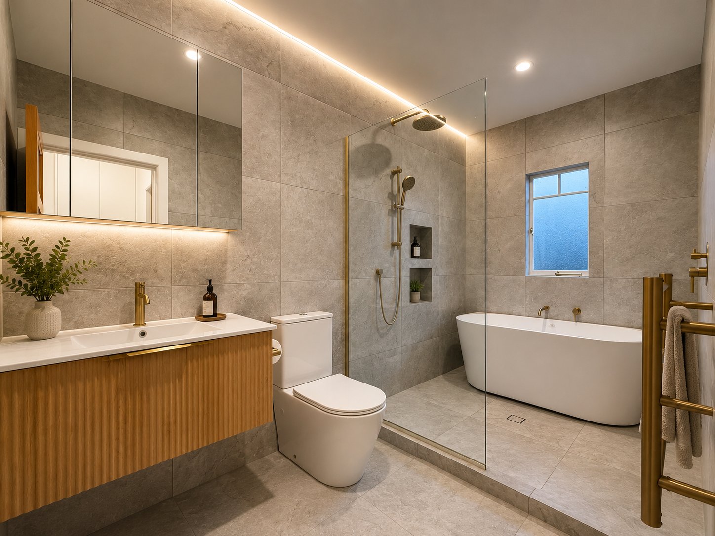 Hillsborough bungalow extension by Add Value Renovations — freestanding bath, walk-in shower, brushed brass tapware