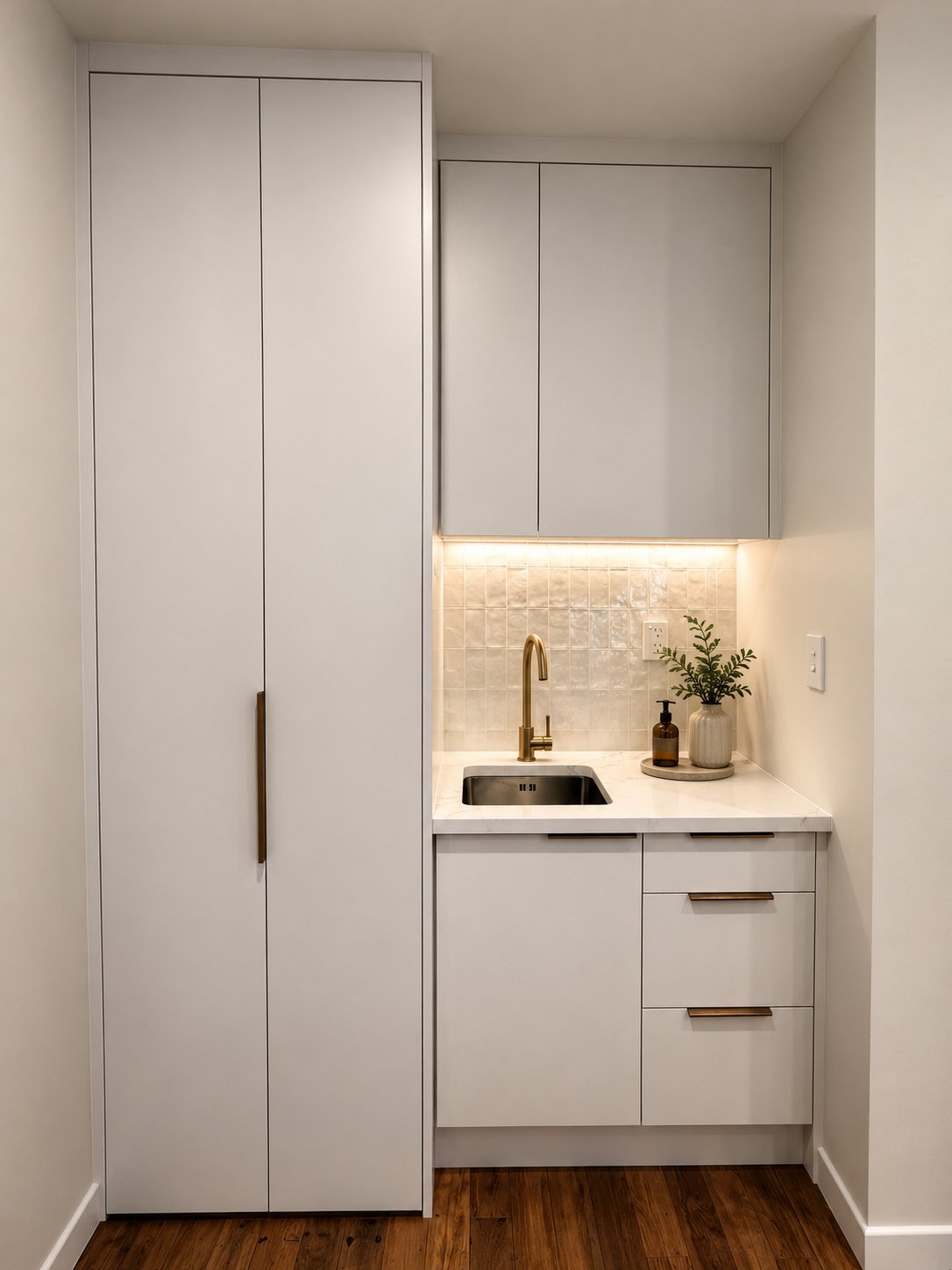 Reborn porch as laundry and minibar with hidden microwave — Hillsborough bungalow extension
