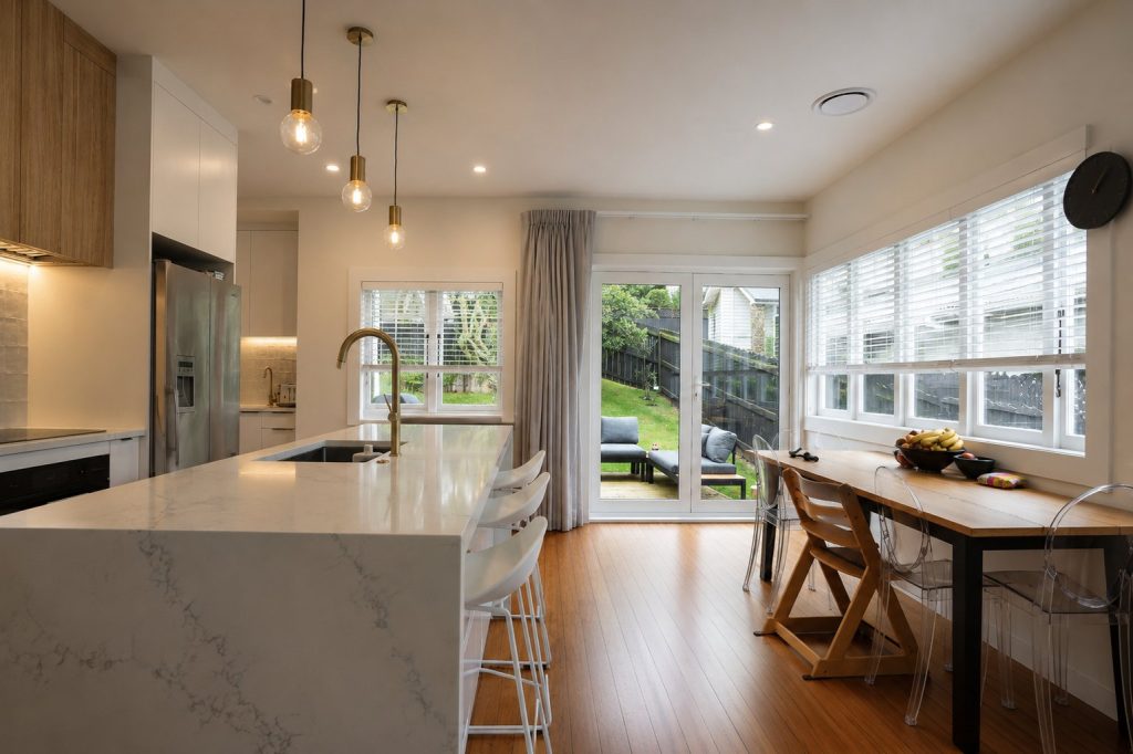 Hillsborough bungalow extension — open-plan kitchen with marble island, brushed brass pendants and French doors to the backyard, by Add Value Renovations Auckland