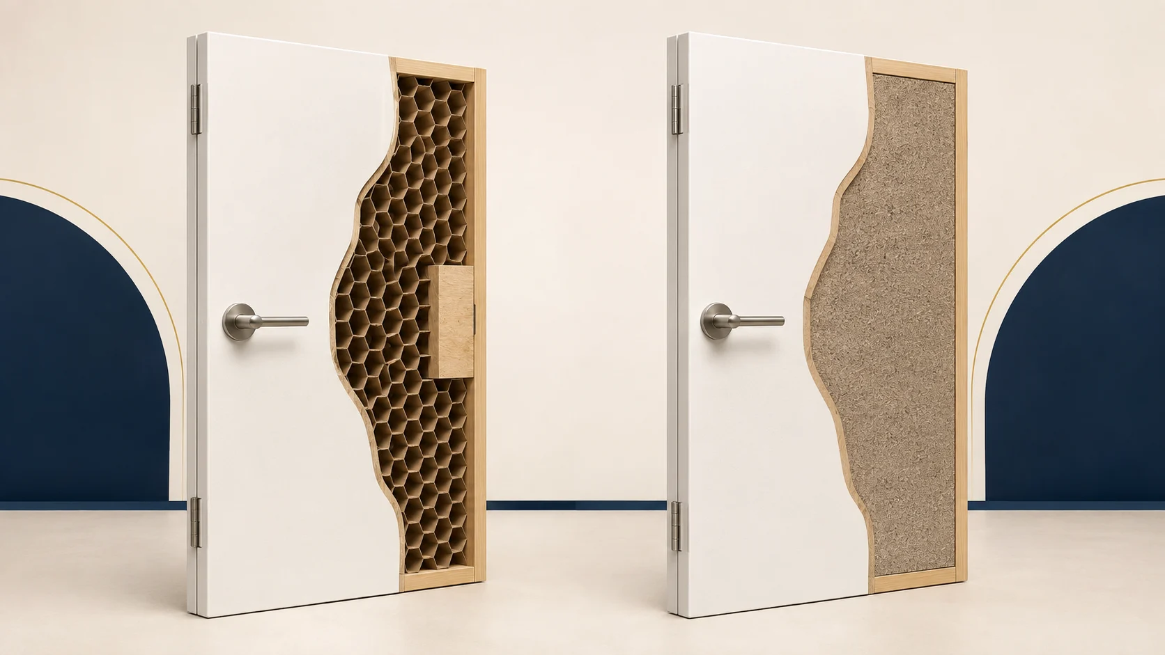 Technical cutaway comparing hollow-core and solid-core internal door construction