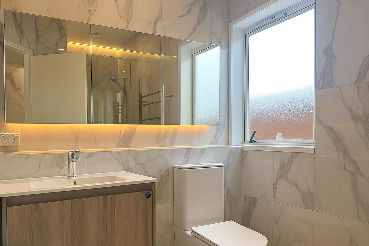 Fully tiled bathroom with vanity &mdash; Mt Roskill renovation