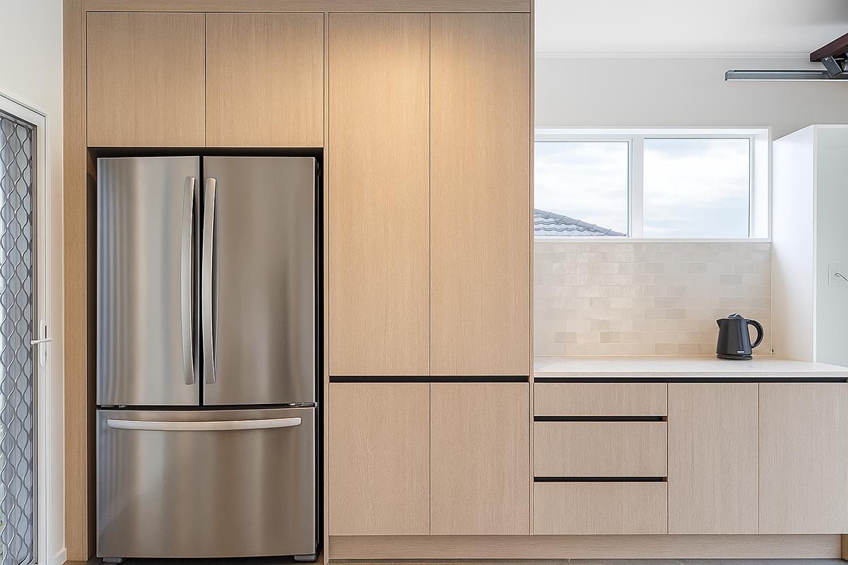 Custom kitchen cabinetry with stainless steel fridge and soft beige finishes — Mt Roskill kitchen renovation by Add Value Renovations