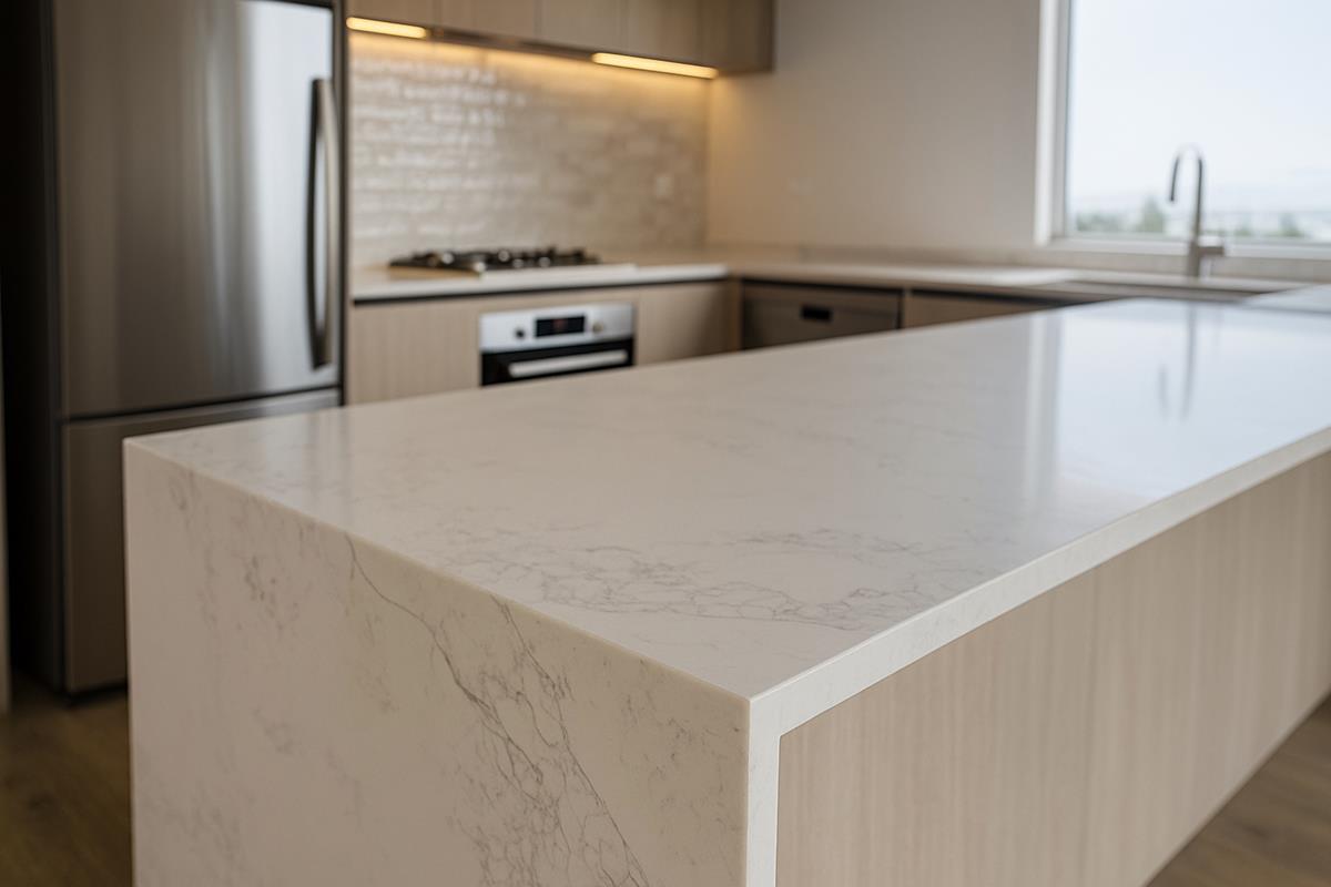 Waterfall-edge kitchen island in engineered stone with seamless finish — Mt Roskill kitchen renovation by Add Value Renovations