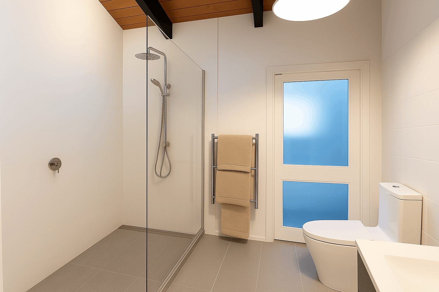 North Shore master suite bathroom by Add Value Renovations — floating timber vanity, frameless walk-in rain shower
