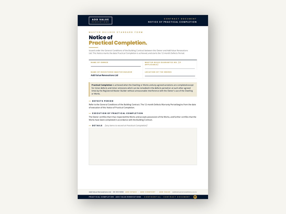 Notice of Practical Completion cover