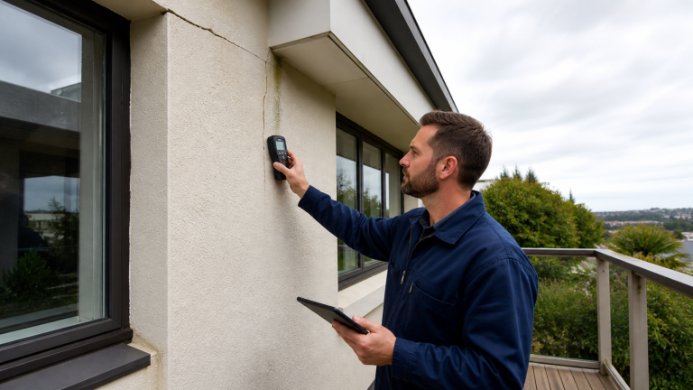 Builder inspecting fine cracking and moisture risk on a plaster-clad Auckland home before purchase