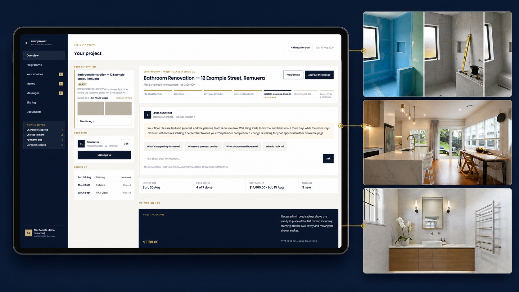 AVR customer portal connected to real daily-log progress photos and completed Auckland kitchen and bathroom renovations