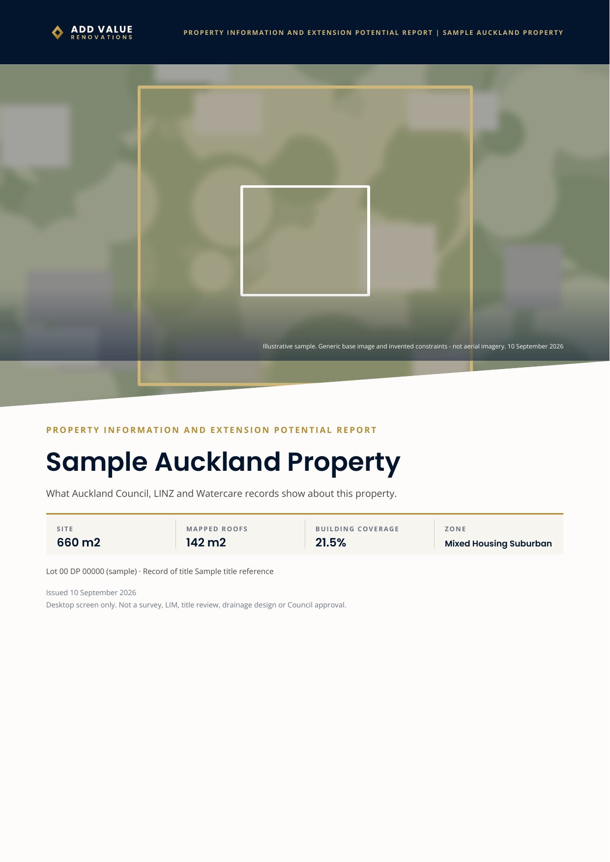 Sample Property Information and Extension Potential Report cover