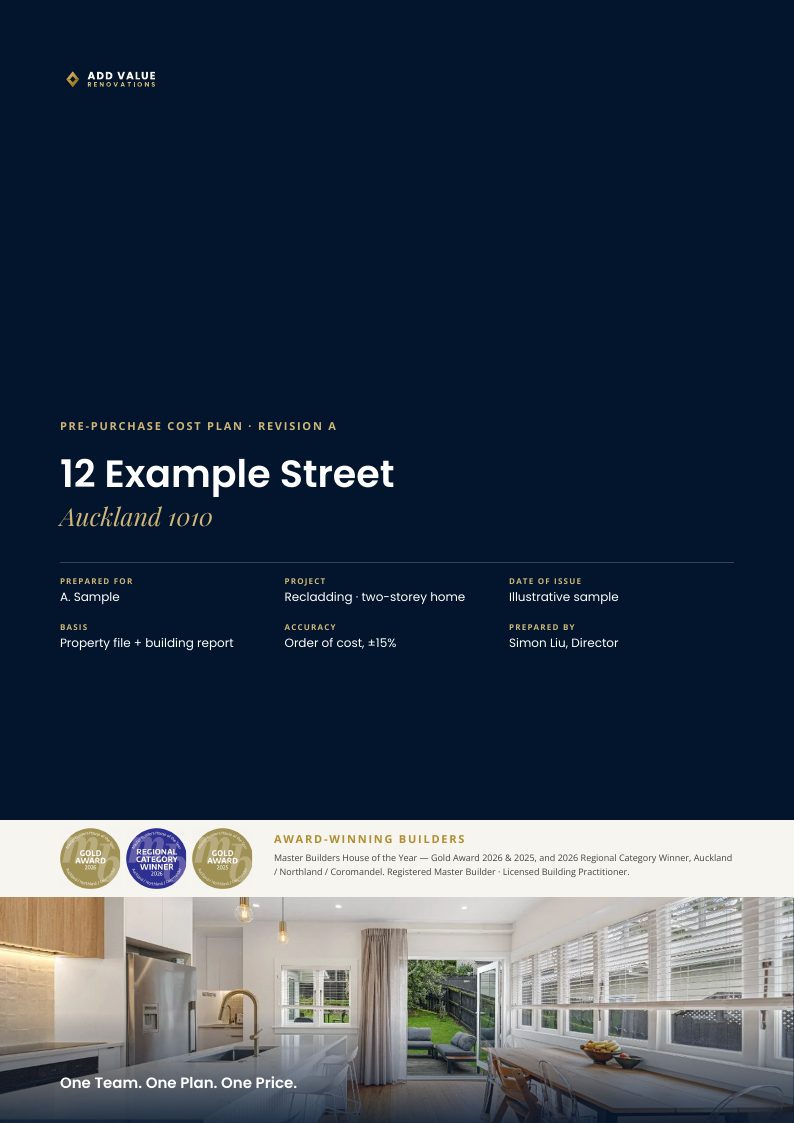 Illustrative sample Recladding Cost Plan cover