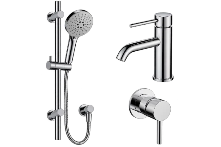 Newtech Evoke chrome tapware set — basin mixer, shower mixer and slide shower