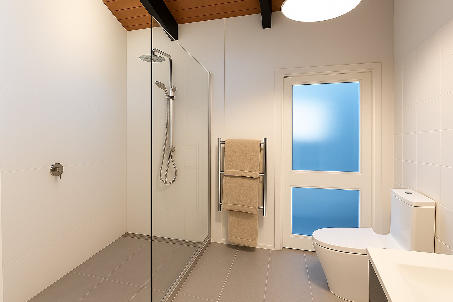 Walk-in shower wetroom Auckland with frameless glass, rain shower head and heated towel rail