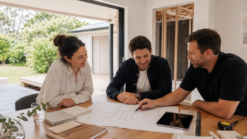 Homeowner, designer and builder reviewing renovation plans and material samples for an Auckland home renovation