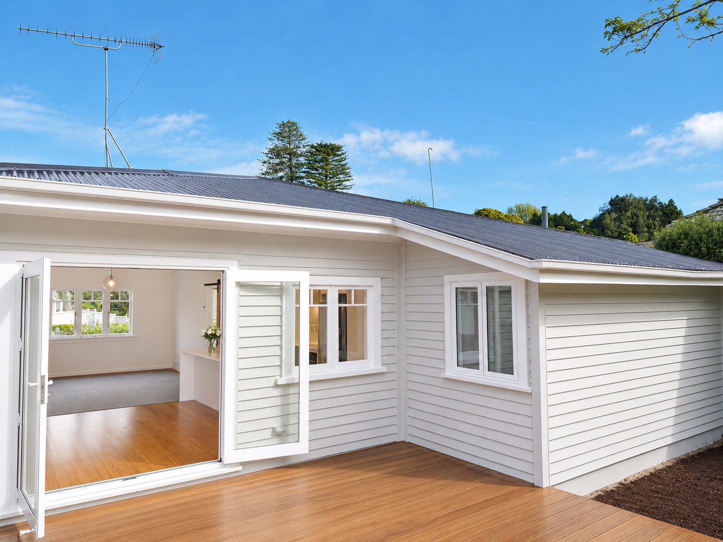 Hillsborough bungalow rear deck — French doors open from living to new timber deck