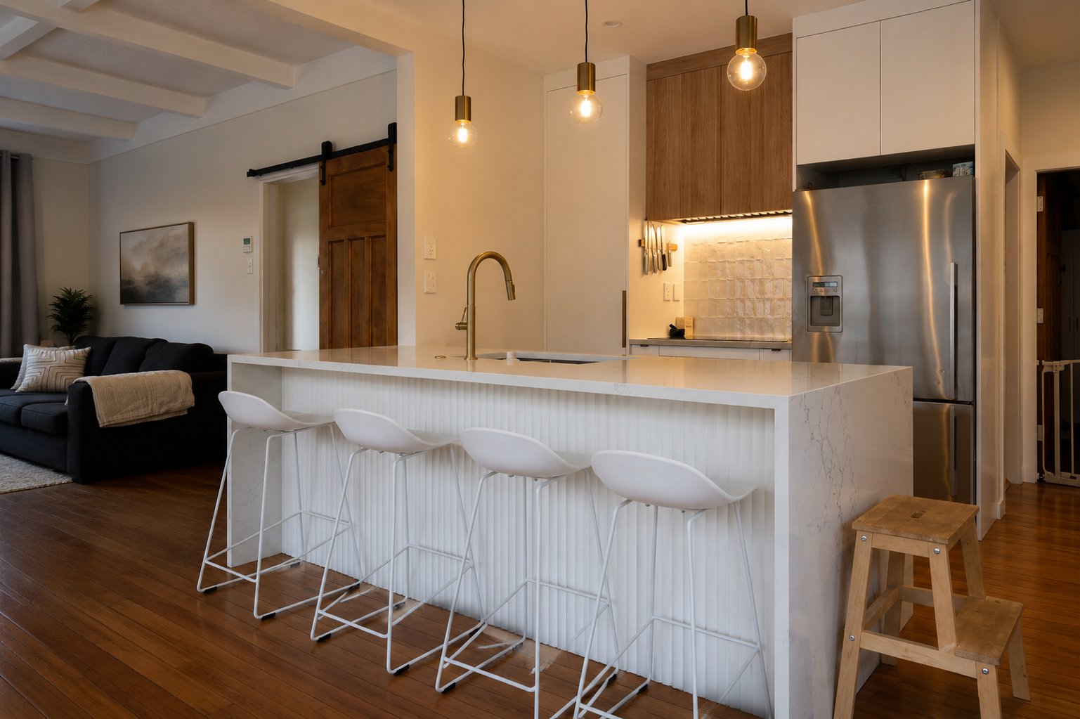 Hillsborough kitchen wide view with oak-veneer rangehood and restored Rimu door