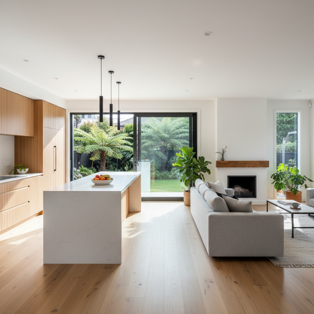 a modern Auckland home after renovation. Show an open-plan kitchen and living area blending natural wood cabinetry, soft white walls, and light oak flooring, with large sliding doors opening to a lush green backyard typical of Auckland.